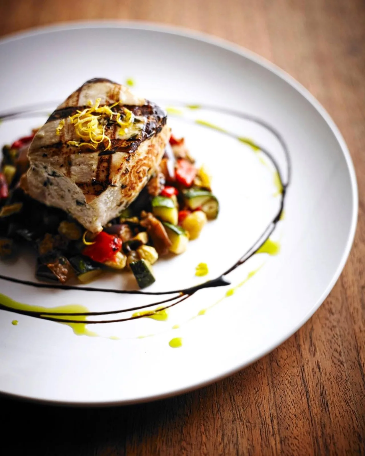 Seared fish with summer vegetables